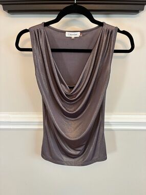 Calvin Klein Shimmery Silver Gray Draped Neck Camisole/blouse